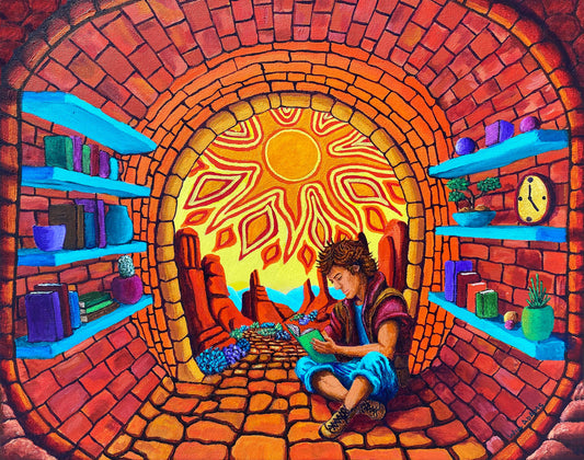 "A surreal painting of a boy reading in a quiet room filled with books, with a glowing portal of light opening behind him — symbolizing imagination and memory."